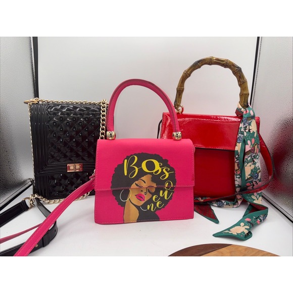 Lot Of 3 Purses Mixed Brands Patent Crossbody Red Patent Pink Boss Queen Read - Picture 1 of 13